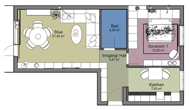 Planløsning - møbleringen er endret. 